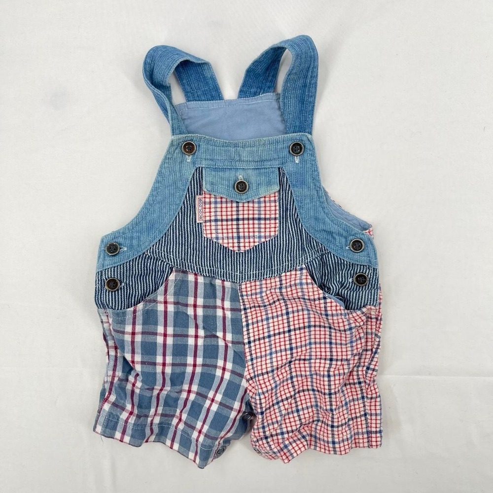 Vintage 90s Bonjour Infant Patchwork Overalls 0 6 Months Shortalls Plaid Retro